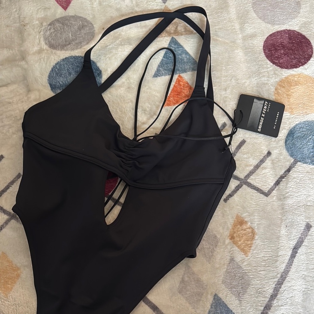 Savage Fenty Black One Piece Bodysuit with Spaghetti Straps